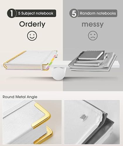 Hardcover Spiral Notebook Journal with Removable Dividers Tabs, 300 Pages Leather 5 Subject Notebook College Ruled, 8"x10" Large B5 Notebooks for Work School Note taking, Lined Journal for Women, White thumbnail 5