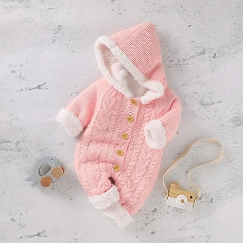 Haokaini Neugeborene Baby Kapuze Strick Strampler Fleece Pullover Wärmer Schneeanzug Overall Overalls Onesies Baby Winter Oberbekleidung für Jungen Mädchen - 3-6 Monate - Rosa thumbnail 8