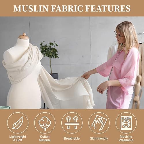 100% Cotton Muslin Fabric, 63 Inch X 2 Yards Unbleached Fabric by The Yard | Medium Weight, Easy Care, Fabric for Sewing Embroidery , Garments, Crafts Material, Apparel Cloth thumbnail 4