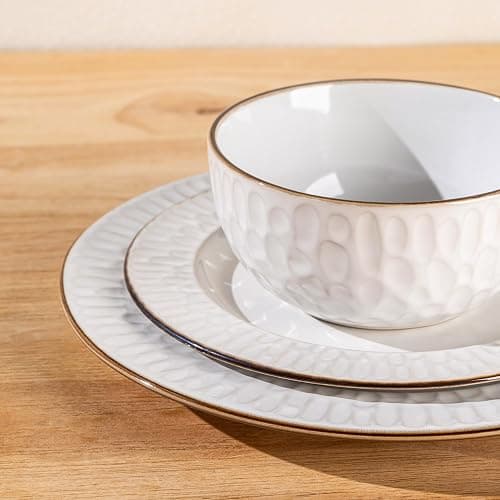 GBHOME Ceramic Dinnerware Sets,12 pcs Embossed Elegant Stoneware Plates and Bowls Sets, Housewarming Wedding Gift | Dishwasher & Microwave Safe | Dishes Set Service for 6 thumbnail 5