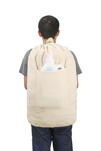 Canvas Laundry bag, Washable Laundry backpack, Adjustable Straps, Large Front Pocket, Drawstring Closure (BEIGE, X-Large) thumbnail 3