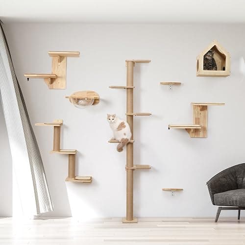FUKUMARU Cat Wall Shelves, 2 Platform Cat Wall Furniture, Tree Shape Wall-Mounted Cat Floating Shelf with Sisal Mat, Solid Rubber Wood Cat Perch for 16 Inch Drywall, Suitable for Climb, Play, NapQQ thumbnail 8