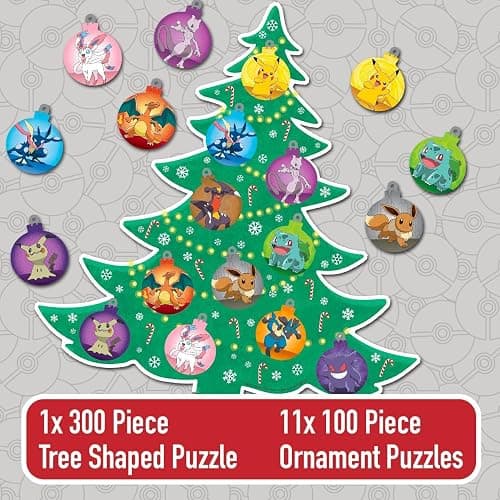 Pokemon 12 Day Advent Calendar Puzzle - 12 Mini Puzzles for Kids Ages 10+ | Advent Calendar Puzzle, Bonus Adhesive Puzzle Saver, 11 Ornament Shaped Puzzles 100 Pieces Each, 300 Piece Tree Shaped Puzzle thumbnail 3