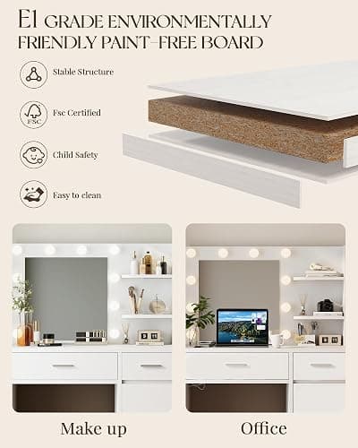 LIVELYGLOW Lighted Makeup Vanity Desk, 35.4“W x 15.7'”D x 54“H, White (with Lights and Mirror, Dimming Function, 2 Drawers and 1 Cabiniet, Open Shelves) by Boahaus thumbnail 4