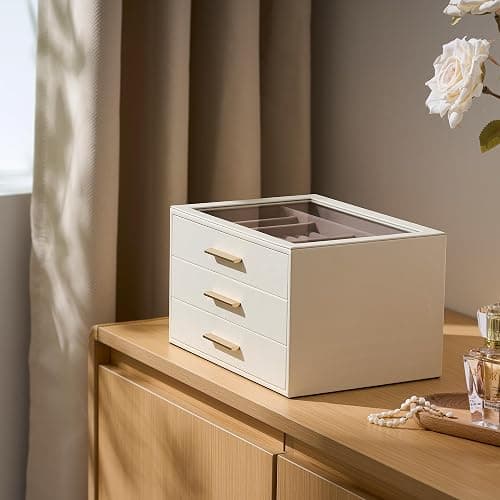 pickpiff Jewelry Box Organizer Case for Women: 3-Layer Jewelry Storage Case with Glass Window, Ivory Leather with Pink Velvet, Holder for Ring Necklace Bracelet Brooch Watch, Great Gift for Her thumbnail 2