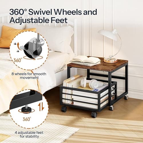 HOOBRO End Table, Mini Fridge Stand with Storage, Mini Fridge Table with Wheels and Adjustable Feet, Sturdy Metal Frame, for Living Room, Bedroom, Office, Rustic Brown and Black BF155TL01 thumbnail 8