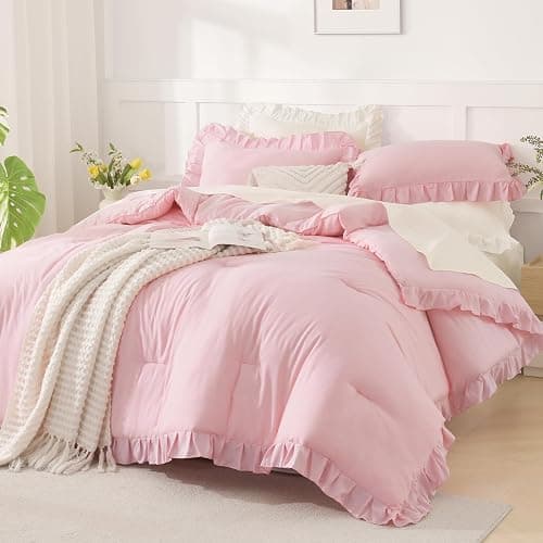 Andency Pink Comforter Set Full, 3 Pieces Lightweight Soft Rustic Pink Ruffle Comforter Women Girls, Solid Farmhouse Shabby Chic Microfiber Bedding Comforter Set thumbnail 4