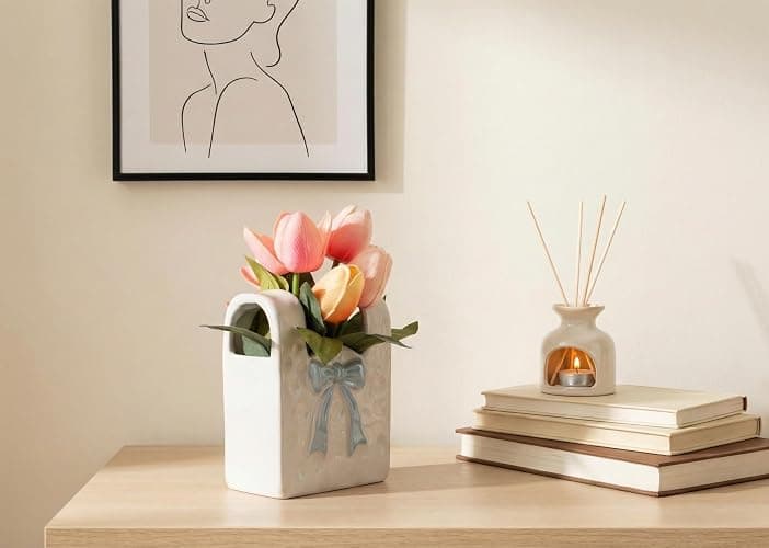 FLOROAD Spring Decor, Artificial Tulips in Ceramic Vase Spring Easter Table Centerpiece for Home Indoor Table Shelf Mantel Living Room Bathroom Bedroom Dining Coffee Bar Kitchen Decoration thumbnail 7