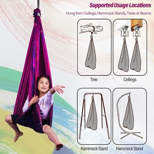 Sensory Swing for Kids & Adults Holds up to 300lbs Indoor & Outdoor Double Layer Therapy Cuddle Swing with 360° Swivel Hanger Kit for Calming, Effect for Autism, ADHD or SPD. (Galaxy Purple) thumbnail 5