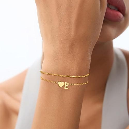 Fezodo Gold Initial Bracelets for Women Girls - 14K Gold Plated Heart Initial Bracelet Teen Girl Gifts Trendy Stuff Dainty Gold Bracelets for Women Girls Trendy Jewelry Gifts thumbnail 3