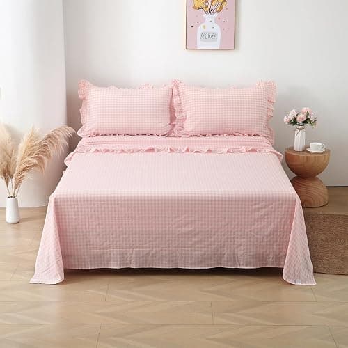 K MASANIJI Peach Blush White Plaid Ruffle Gingham Sheets Twin XL Size 4-Piece Set, 300TC 100% Yarn Dyed Linen Feel Cotton Sheets 18 in Deep Pocket Kids Preppy Bedding (Blush/White Plaid, Twin XL) thumbnail 9