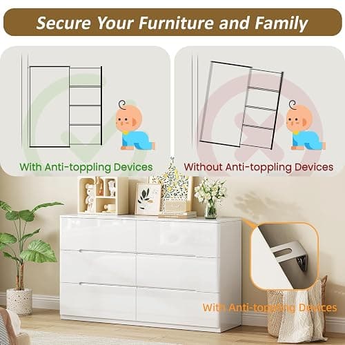 ZORPLIX White Wood Dresser, 6 Drawer Dressers for Clothes Storage for Bedroom, Modern Dresser with Wide Drawers, Wide Wooden Chest Drawers for Living Room, Entryway, TV Stand thumbnail 5