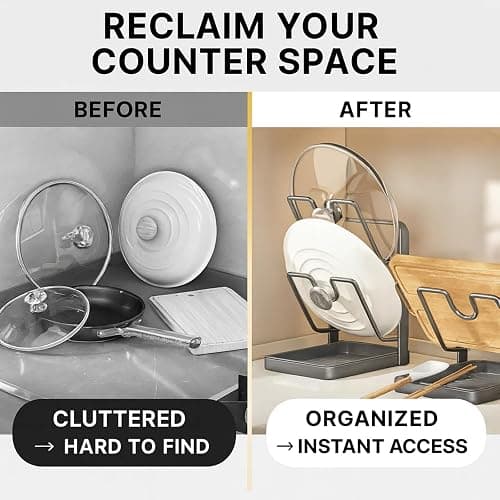 Kitchen Pot Lid Storage Rack, Multifunctional Countertop Pot Lid Organizer | Holder, Lid Holder While Cooking, Lid And Spoon Rest For Stove Top (Grey, Double layer) thumbnail 4