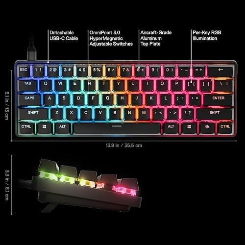 SteelSeries Apex Pro Mini Gen 3 OmniPoint 3.0 HyperMagnetic Switches — Adjustable Actuation — Rapid Trigger — Rapid Tap/SOCD — RGB — PBT Keycaps — USB-C (Renewed) thumbnail 4