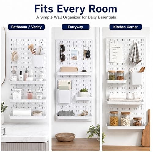 PSLER 22"×22" White Pegboard Kit with 17 Accessories, Garage Office Storage | Pegboard，Complete Hooks Accessories Kit, Multi-scene Organizer, Wall Mount Space Saving,Fits All Wall Surfaces thumbnail 7