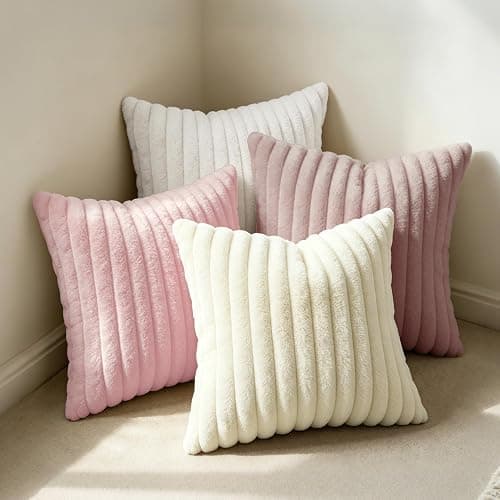 Set of 2 Faux Fur Decorative Soft Striped Cushion Covers 45x45 cm,Cream Soft Couch Square Throw Pillow Covers 18x18 Inch with Invisible Zipper for Sofa Bedroom Decorative Fluffy Large Pillowcases thumbnail 7