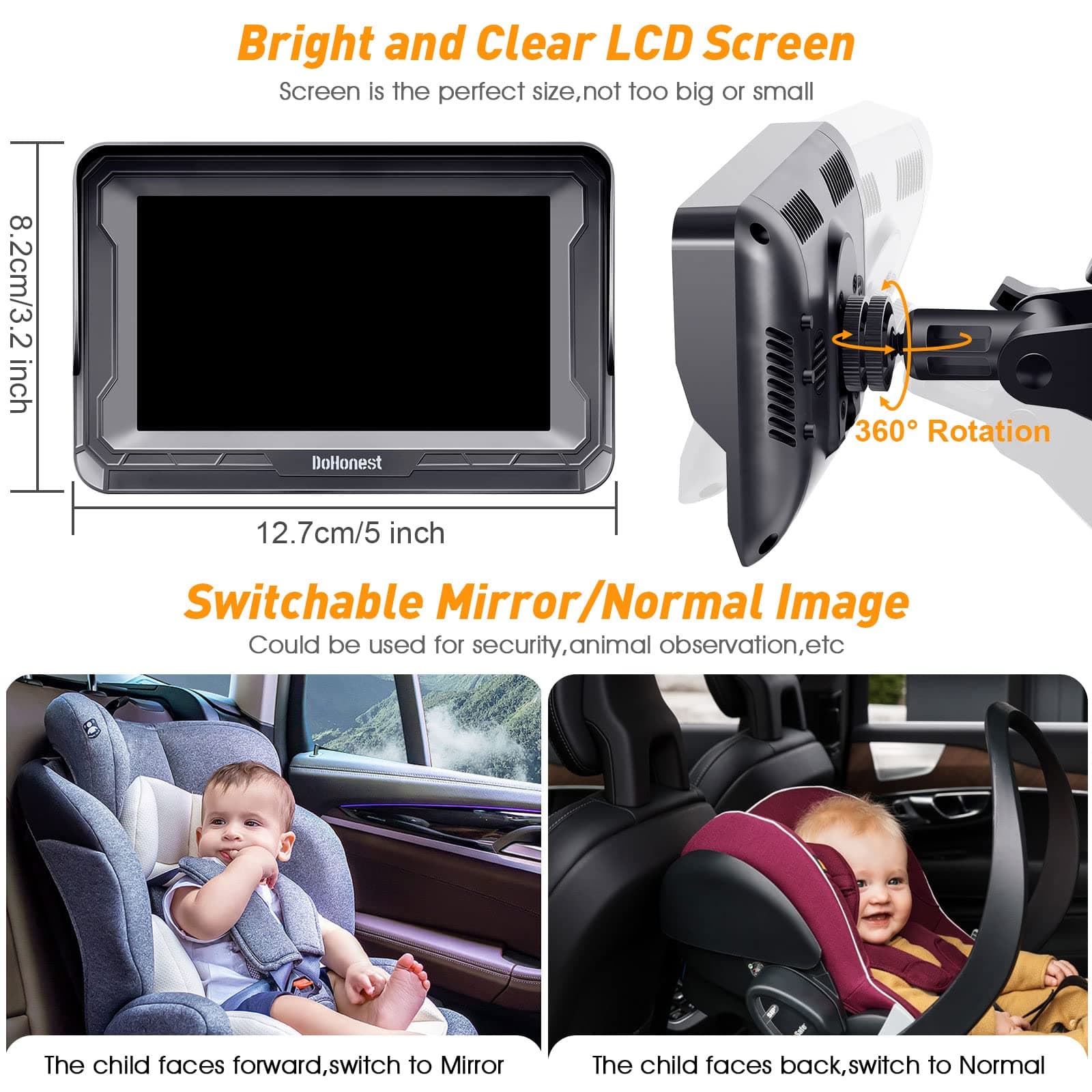 DoHonest Baby Car Camera HD 1080P with Display - Infant Safety Seat Baby Car Mirror for Rear Facing 5 Mins Easy Installation Night Vision V33 Black thumbnail 4