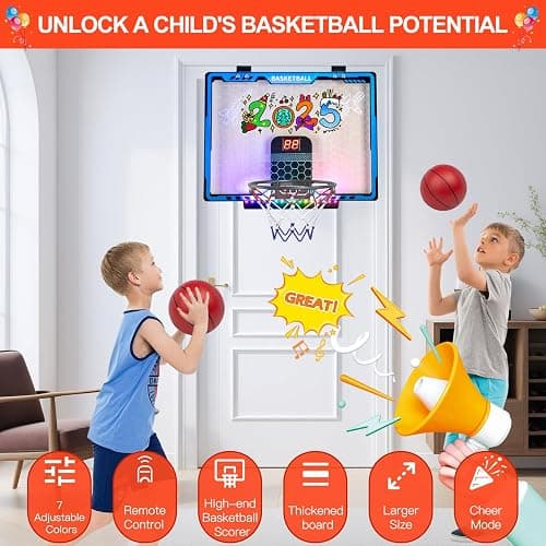 Awsoo Indoor Basketball Hoop for Kids, Mini Basketball Hoop with Electronic Scoreboard & LED Lights, Over The Door Basketball Hoop with 4 Balls, Slam Dunk Basketball Toy for Boys Girls Age 3-12 (Blue) thumbnail 3