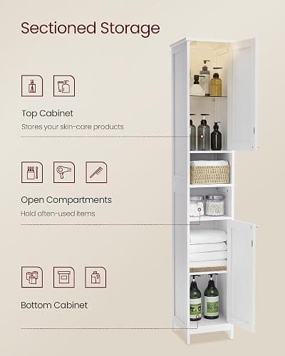VASAGLE Tall Storage Cabinet with Lights, Slim Freestanding Cabinet with Adjustable Shelves, for Small Spaces, Bathroom, Living Room, Modern, 11.8 Inches Wide, Cloud White UBBC566W02 thumbnail 5