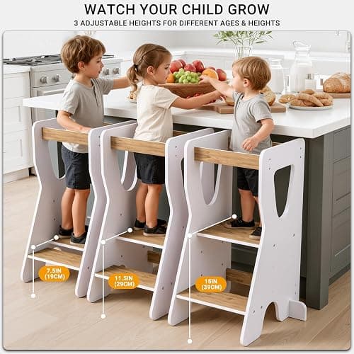 COSYLAND Toddler Standing Tower - Adjustable Height Toddler Kitchen Stool Helper - Kids Kitchen Step Stool for Learning with Handle White & Natural thumbnail 2