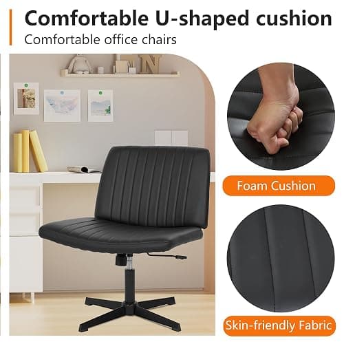 FDW Criss Cross Chair Armless Cross Legged Office Desk Chair Adjustable Swivel Ergonomic Gaming Chair No Wheels Backrest with Wide Seat Native Sponge Computer Task Vanity Chair for Home Office,Black thumbnail 2