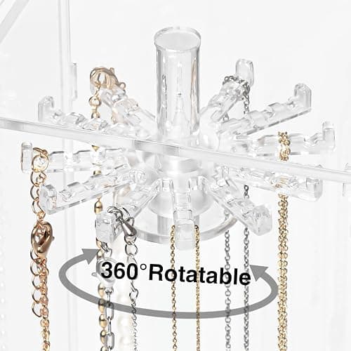 Necklace Holder, Acrylic Jewelry Organizer with 24 Hooks, Rotation Clear Necklaces Pendant Display Case Stand, Dust-proof Velvet Tray Hanging Rack Storage for Earrings Rings thumbnail 5
