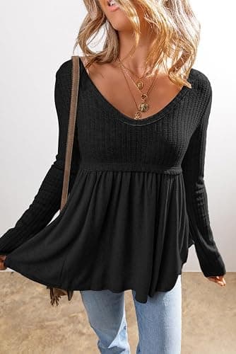 MARZXIN Women's 2025 Fall Long Sleeve Casual T-Shirt Textured Long Sleeve V Neck Babydoll Tunic Tops thumbnail 3