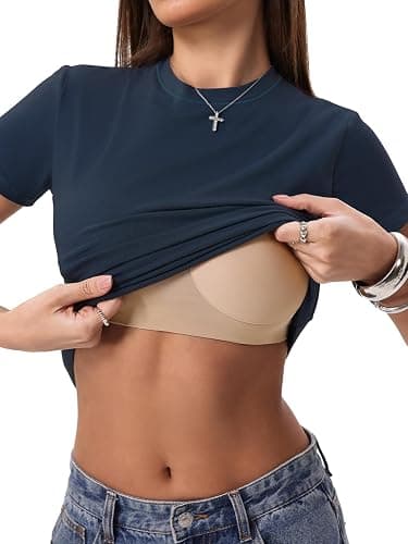 Danysu Nude Built in Bra Cotton Jersey T Shirt No See Through Stretchy Lightweight Fitted Everyday Basic Tops Gym Workout Tee thumbnail 2