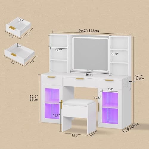 DWVO 56.3" Makeup Vanity with LED Lighted Mirror, Large Vanity Desk with RGB Glass Cabinets, Open Shelving, Built-in Power Strip & Cushioned Stool thumbnail 2