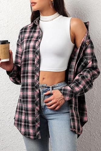 CHYRII Womens Button Down Flannel Shirts Long Sleeve Plaid Shackets Business Casual Blouse Top thumbnail 4