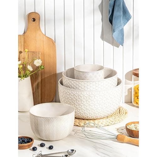 MIKIGEY Ceramic Mixing Bowls, Embossed Nesting Bowls Set of 4, Mixing Bowl Set for Serving, Baking, Cooking and Gift, Microwave and Dishwasher Safe, 20/47/99/148 oz, Off-White thumbnail 7