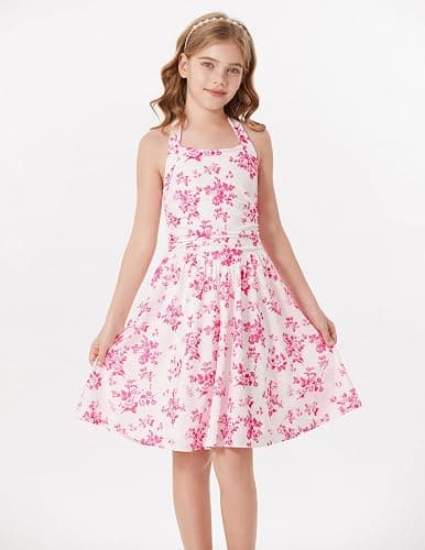 GRACE KARIN Girls Floral Summer Dress Spring Holiday Beach Party Sundress Halter Neck Tie Backless Dresses 7-16 Years thumbnail 7