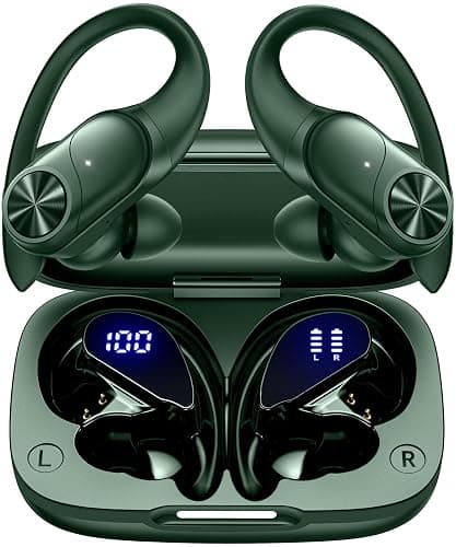 PocBuds Bluetooth Headphones Wireless Earbuds 80hrs Playtime Wireless Charging Case Digital Display Sports Ear Buds with Earhook Deep Bass IPX7 Waterproof Over-Ear Earphones for TV Phone Laptop Olive - Image 1