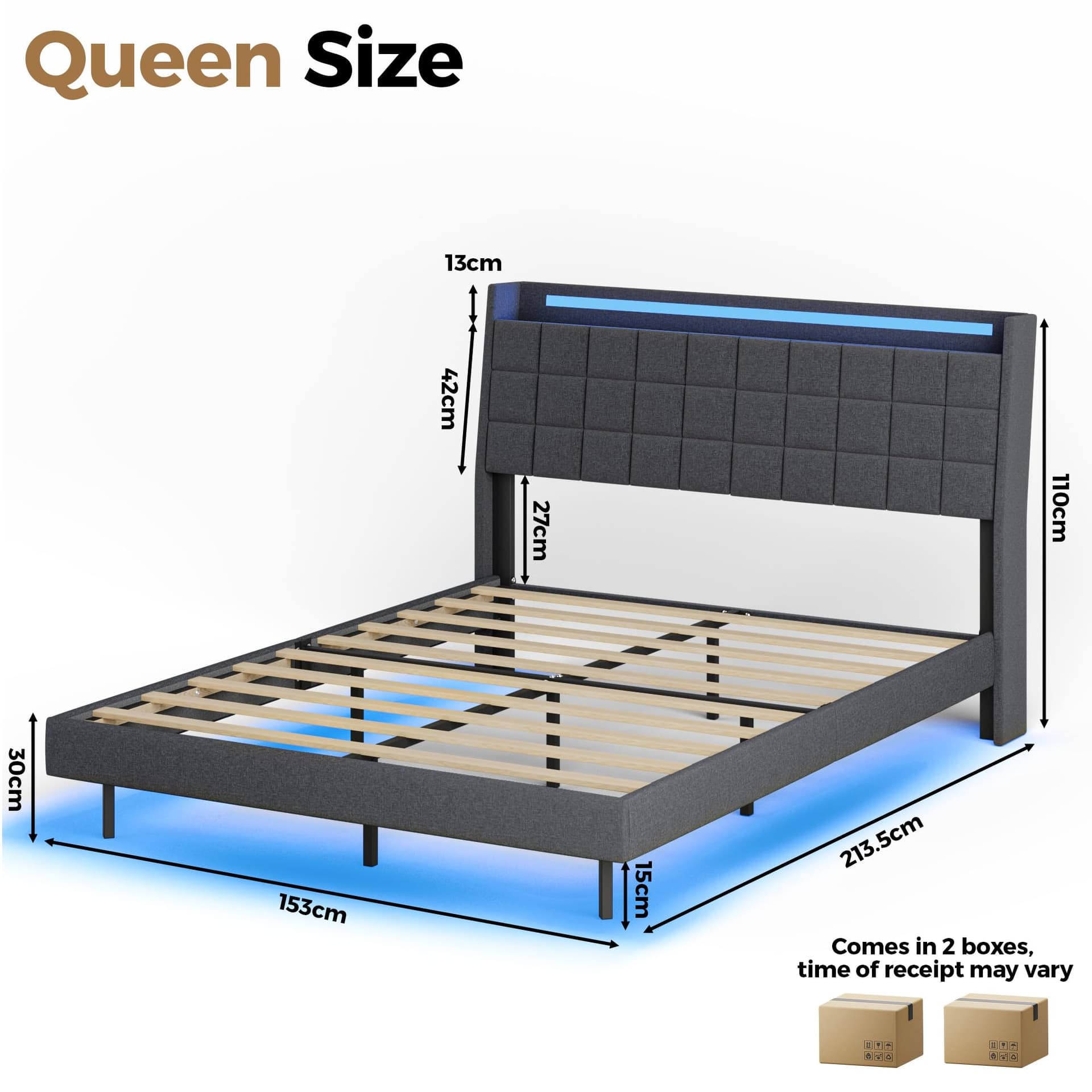Advwin Queen Floating Bed Frame with LED Lights and Storage Headboard, Upholstered Platform Bed with Hidden Storage, No Box Spring Needed, Dark Grey thumbnail 2
