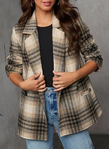 Happy Sailed Women’s Plaid Blazer Classic Lapel Collar Double Breasted Open Front Blazers Jackets Work Suit with Pockets thumbnail 2