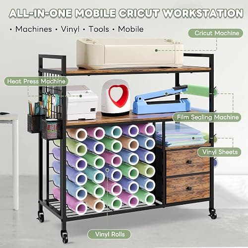 HavenlyYouth Craft Cart Compatible with Cricut Machine, Large Cricut Table with 34 Vinyl Roll Holder, 2 Drawers and Charging Station, Craft Storage Cabinet Craft Workstation thumbnail 3
