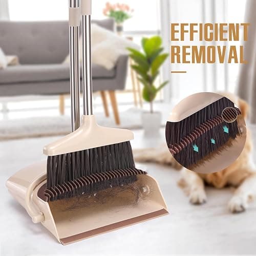 XXFLOWER Broom and Dustpan Set with Long Handle, Light Weight Stainless Steel Poles Stand Upright Dustpans with Broom Combo for Home Kitchen Office Pet Dog Hair, Brown & Beige Color, 1-Pack thumbnail 5