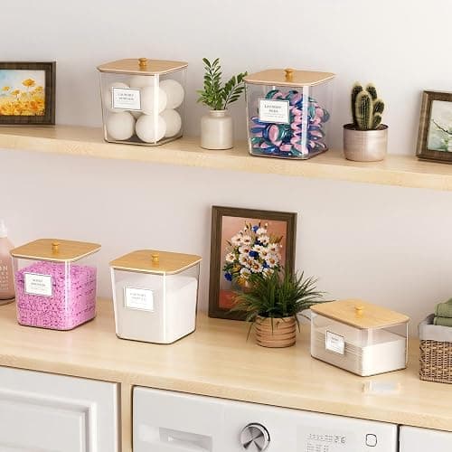 HomePekite Laundry Pods Storage Container, Clear Laundry Room Organization and Storage ,Detergent Powder Container,with Wooden Lids & Labels, 3+1 Pack thumbnail 5
