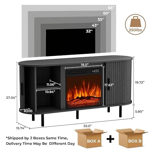 BREEZEHEAT 55'' Mid Century Modern Fluted TV Stand with 18" Fireplace, Curved Fireplace Entertainment Center for TVs Up to 65 Inches, Media Console Cabinet for Living Room/Bedroom, Black thumbnail 3