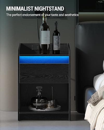 Hzuaneri Bedside Table with LED Light, Bedside Cabinet with Charging Station, 1 Storage Drawer Nightstand for Bedroom, Living Room, 2 USB Port, 2 Outlets, Open Compartment, Black NS04804X1UK thumbnail 7