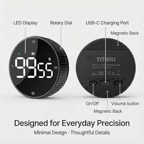 TLTWHS Rechargeable Magnetic Kitchen Timer, LED Countdown/Count-Up Timer, Supports USB-C Charging, with Loud Alarm, 3 Preset Quick Times (5/15/25m), Perfect for Kitchen Cooking, Studying, and Fitness thumbnail 8