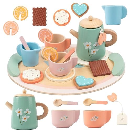 KDSFT Tea Party Set for Little Girls, Wooden Kids Tea Set with Teapot Cups Coasters Carrying Dessert, Picnic Outdoor Toys Pretend Play Kitchen Accessories for 3 4 5 Years Old - Image 1