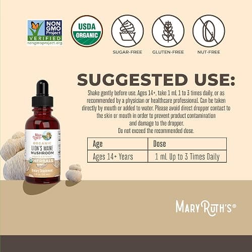 MaryRuth Organics Lions Mane Mushroom Supplement, Up to 1 Month Supply, Nootropic USDA Organic Lions Mane Extract Nervine Herbal Liquid Drops, Brain Health Non-GMO Vegan Alcohol Free Tincture, 1 Fl Oz thumbnail 3
