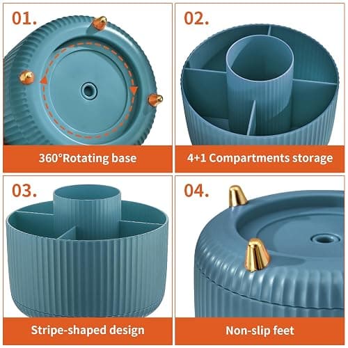 Marbrasse Desk Organiser,360-Degree Rotating Pen Holder for Accessories with 5 Compartments Pencil Organiser,Pen Storage Box Caddy for Office,Home(Dark Green) thumbnail 5