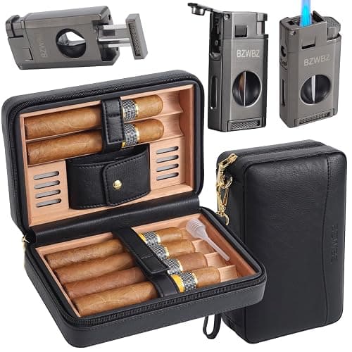 BZWBZ Travel Cigar Humidor Set,Torch Lighter with Cigar V Cutter, Hole Punch, Spanish Cedar Wood Humidor,Black Leather - Image 1