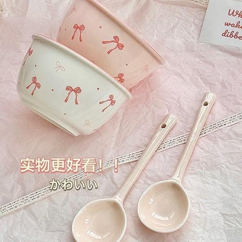 2 Piece Pink Bow Ceramic Bowl Set Underglaze High Color Ceramic Tableware Cute Soup Bowl College Style Dessert Pudding Fruit Salad Decoration Kitchen Decoration Pink White Bowl Couple Bowl Set Dormito thumbnail 6