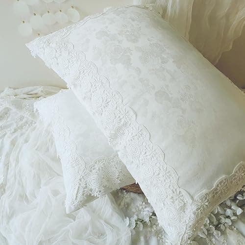 High-End White Pillow Cover with Carved Art & Lace,Floral Pillow Shams 20x26 Inch Set of 2,Pillowcases Standard Size for Farmhouse Décor Pillowcases thumbnail 3