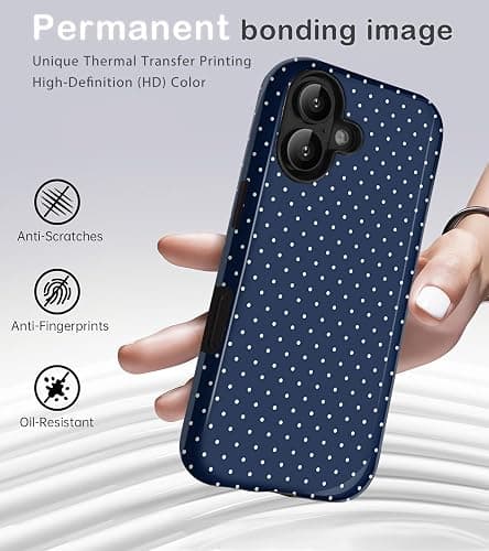 Amzfield Compatible with iPhone 16 Case Cute Polka Dot Aesthetic Retro Design for Women Girls Fall Simple Chic Girly Pretty Dual Layer Hybrid Protection Elegant Case, Navy Blue thumbnail 2