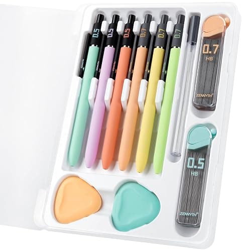 Smooth Mechanical Pencil Set with Erasers, 6PCS Pastel Mechanical Pencils 0.5 & 0.7mm with 4 Tube HB Lead Refill, 2PCS Erasers and 10PCS Eraser Refills for School Supplies Writing (0.5mm+0.7mm) - Image 1