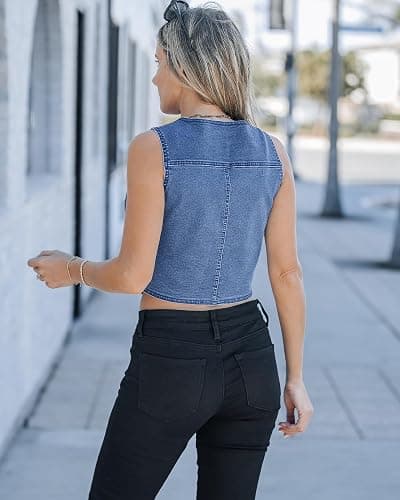 luvamia Jean Vests for Women Crop Denim Top Button Down Waistcoat Vest Tank Tops Fashion Casual Sleeveless Jacket thumbnail 8